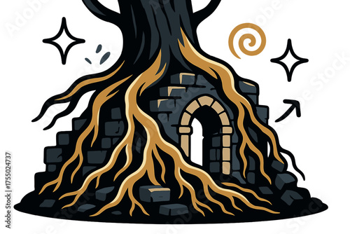Ancient Tree Resilience. Ancient strength. Glowing massive roots of old tree wrapping around stone ruins. Floating icons of sparkle, swirl, and star