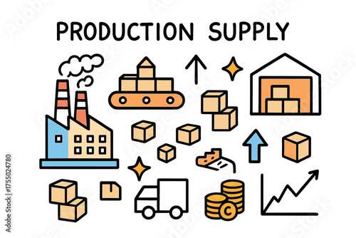 Doodle Factory Illustration. Production Supply. Hand-drawn doodle illustration factory (colored), conveyor belt (colored), boxes, arrow up, warehouse