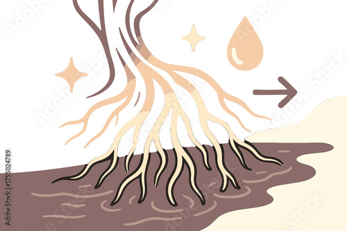 Glowing Roots in Stream. Roots and water. Glowing tree roots dipping into a stream, absorbing nourishment. Floating icons of sparkle, droplet, and arrow