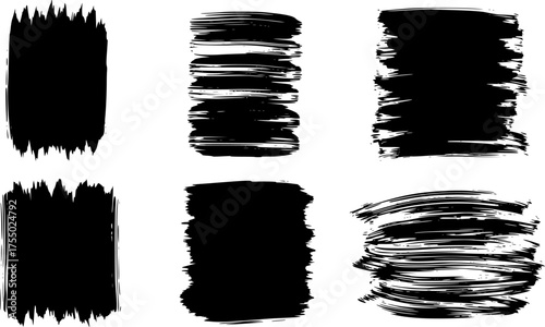 Black vector rough edge rectangles. Grunge square frames set. Jagged edge torn paper background collection. Paint brush strokes. Grungy distressed text boxes. EPS 10 version.