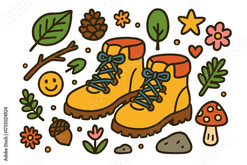 Colorful Hiking Doodle. Hiking Boots. Colorful Hand-drawn doodle Children illustration boots, laces, forest floor, leaf, pinecone, mushroom, tree, flower,