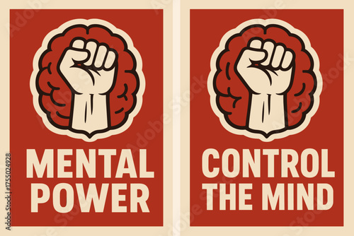 Mental Strength Banners. Strength. Two vertical A6 banners with safe margins, centered composition, no elements touching edges, bold style, red and beige,
