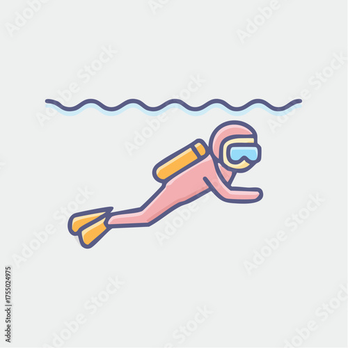 A diver in a pink suit swims underwater, with a tank and flippers, near the surface.