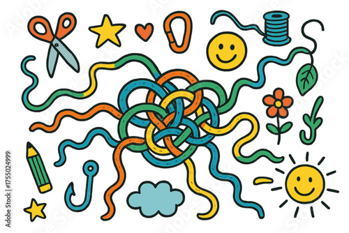 Tangled Doodle Icons. Tangled Rope. Colorful Hand-drawn doodle Children illustration rope, knot, scissors, hook, carabiner, star, heart, smiley face, flower,