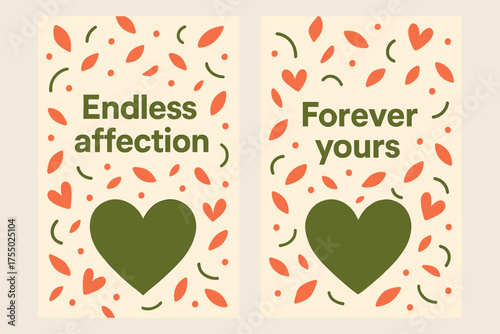 Endless Affection Banners. Endless affection. Two vertical A6 banners with safe margins, centered composition, no elements touching edges, memphis, olive green