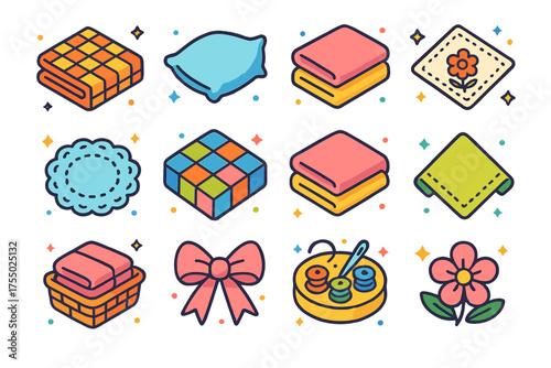 Colorful Linens Icons. Home Linens. Colorful isometric vector icons set of home linens: folded tablecloth, pillowcase, bed sheet, embroidered napkin, lace