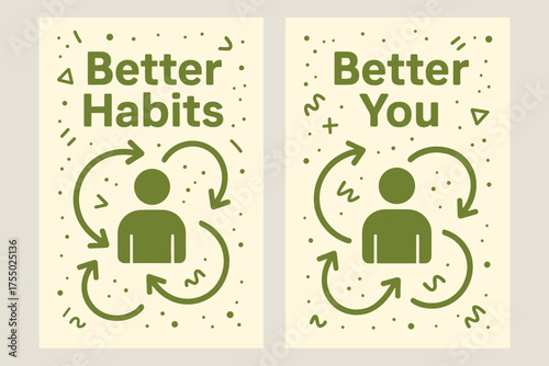 Better Habits, Better You. Inspiration. Two vertical A6 banners with safe margins, centered composition, no elements touching edges, memphis style, olive green