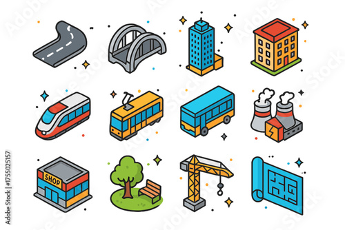 Colorful City Icons. City Infrastructure. Colorful isometric vector icons set of city infrastructure: road, bridge, skyscraper, apartment block, train, tram,
