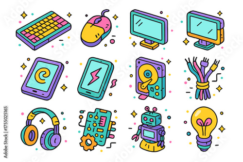 Upcycled Tech Icons. Upcycled Tech. Colorful isometric vector icons set of upcycled tech: keyboard, mouse, computer monitor, tablet, smartphone, hard drive,