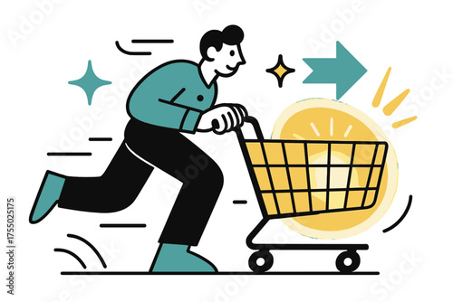 Dynamic Shopping Cart. Cart in Motion. A glowing shopping cart being pushed forward, abstract spark and arrow icons symbolizing speed and purpose. Modern