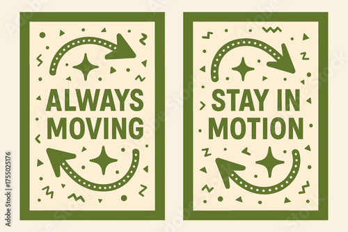 Playful Memphis Banners. Inspiration. Two vertical A6 banners with safe margins, centered composition, no elements touching edges, memphis style, olive green