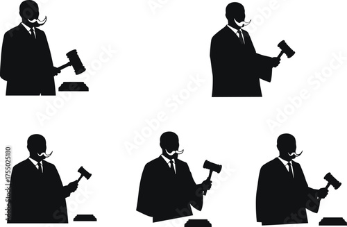 Judge silhouette with gavel, courtroom justice, legal authority, law decision, trial verdict, lawyer, judiciary concept illustration