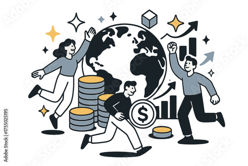 Global Prosperity Vision. Abundant future. Glowing globe surrounded by coins, charts, and stars representing global prosperity. Floating icons of sparkle,