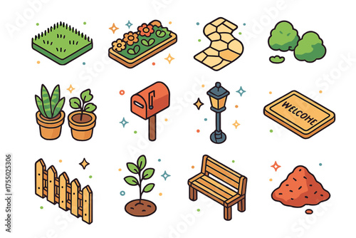 Colorful Yard Icons. Front yard makeover. Colorful isometric vector icons set of front yard makeover: trimmed grass, flower border, decorative pathway, small