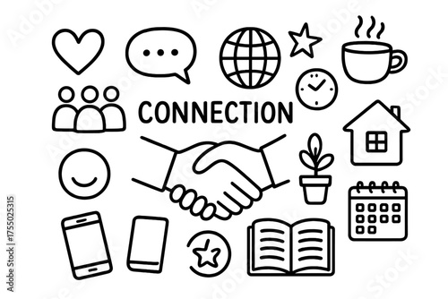 Connection Doodle Icons. Connection. Hand-drawn doodle illustration connection handshake, heart, people group, chat bubble, star, globe, coffee cup, phone,