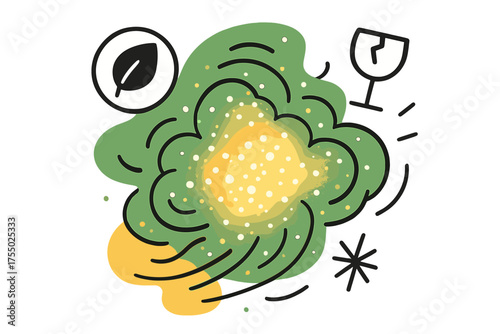Glowing Dust Swirl. Air Particles. A glowing abstract cloud of dust particles swirling in the air, spark and line icons symbolizing fragility. Modern flat-line