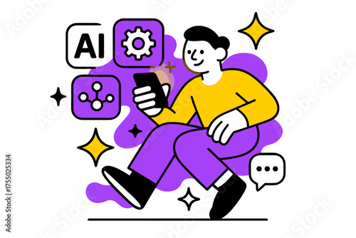 AI's Bright Interaction. AI in Daily Life. A glowing character using a phone with abstract icons of AI tools floating around, spark and star symbols for