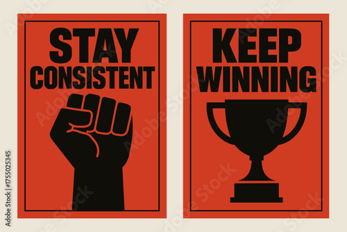 Brutalist Motivational Banners. Resilience. Two vertical A6 banners with safe margins, centered composition, no elements touching edges, brutalist style, black