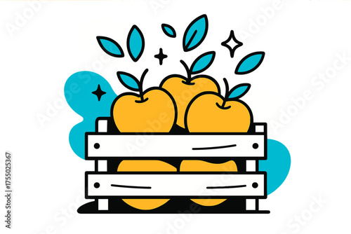 Glowing Apple Abundance. Apple crate. A wooden crate filled with glowing apples, abstract floating leaves and sparkles above showing freshness and abundance.