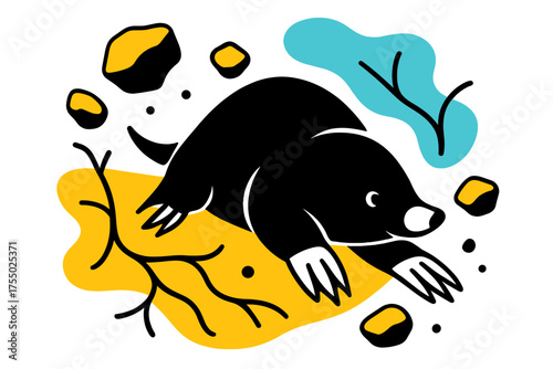 Playful Mole Digging. Mole Burrowing. Mole digging underground tunnels, floating dirt clumps and abstract root shapes, playful and dynamic underground scene.