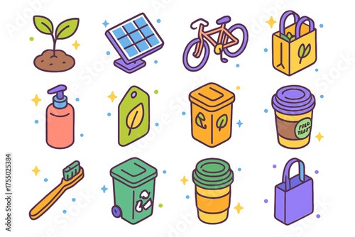 Eco Lifestyle Icons. Green Lifestyle. Colorful isometric vector icons set of green lifestyle: plant sprout, solar panel, bicycle, reusable bag, refill bottle,
