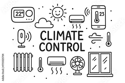 Climate Control Doodles. Climate Control. Hand-drawn doodle illustration Climate Control thermostat smart AC heater smartphone app sensor cloud fan window