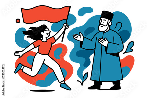 Freedom Meets Tradition. freedom and tradition. Modern flat-line illustration, clean geometric characters with sharp and smooth outlines, perfectly clear lines