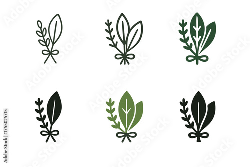 Herb Bundle Logos. Making stew. Set Logo of Making stew: herb bundle (bay leaf and thyme). harmonious logo variations of the same emblematic concept, each with