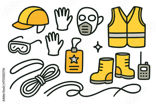 Colorful Safety Gear Icons. Protective Gear. Hand-drawn doodle illustration helmet (colored), gloves, boots (colored), mask, vest (colored), goggles, badge