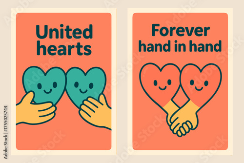 United Hearts Banners. United hearts. Two vertical A6 banners with safe margins, centered composition, no elements touching edges, cartoon, coral and teal,