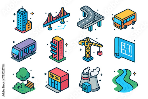 Metropolitan Icon Set. Metropolitan Development. Colorful isometric vector icons set of metropolitan development: skyscraper, bridge, highway, bus, subway