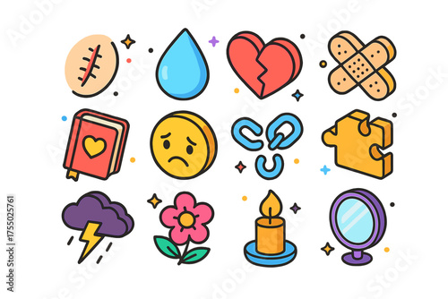 Trauma and Healing Icons. Trauma & Healing. Colorful isometric vector icons set of trauma & healing: scar mark, tear drop, broken heart, bandage, diary, sad