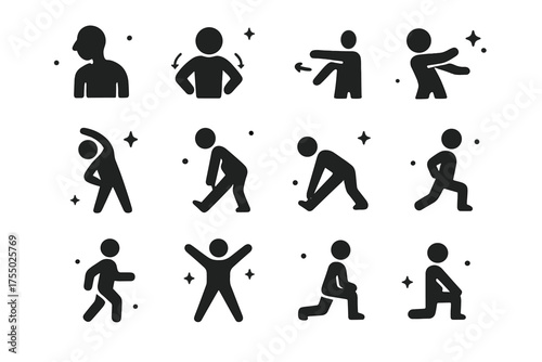 Warm-Up Exercise Icons. Warm-Up Moves. Solid icons set of Warm-Up Moves: neck stretch, shoulder roll, arm swing, torso twist, side stretch, hamstring stretch,