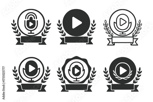 Podcast Marketing Logos. The rise of podcasting as a marketing tool. Set Logo of The rise of podcasting as a marketing tool: Branded badge or ribbon with a