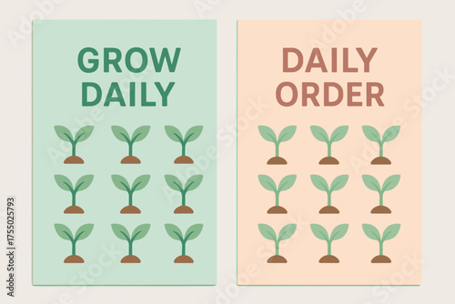 Growing Daily Banners. Growth. Two vertical A6 banners with safe margins, centered composition, no elements touching edges, pastel style, mint and peach,