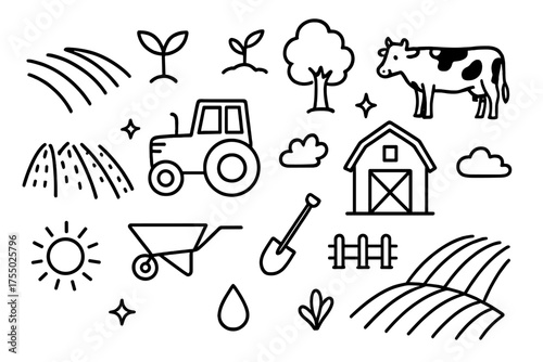Farm Doodle Illustration. Fields and crops. Hand-drawn doodle illustration fields and crops crop row, plant sprout, tree, tractor, barn, fence, cow, water