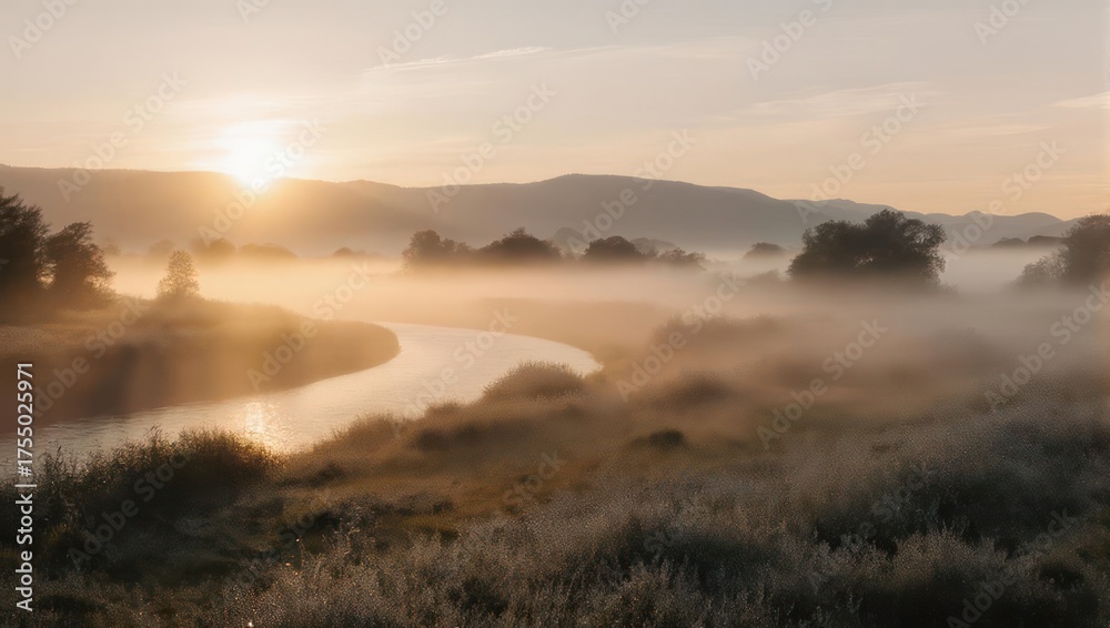 Fototapeta premium Sunrise over a river winding through a misty landscape, with distant hills and golden light