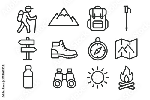 Mountain Adventure Icons. Mountain trail adventure. Line icon set of Mountain trail adventure: hiker, mountain peak, backpack, trekking pole, trail sign,