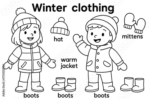 Winter Clothing Coloring Page. Winter clothing children?s coloring book illustration, outlined drawing, warm jackets, hats, mittens, and boots labeled for