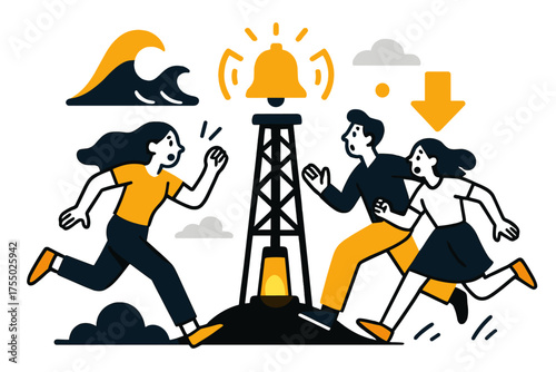 Tsunami Alert Art. Tsunami alert. Glowing siren tower near beach warning people of approaching waves. Floating icons of bell, wave, and arrow symbolizing