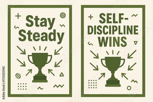 Playful Disciplinary Banners. Inspiration. Two vertical A6 banners with safe margins, centered composition, no elements touching edges, memphis style, olive