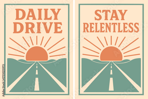 Retro Sunrise Motivation. Mindset. Two vertical A6 banners with safe margins, centered composition, no elements touching edges, retro style, coral and teal,