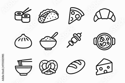Global Cuisine Icon Set. Food culture and traditional cuisine. Line icon set of Food culture and traditional cuisine: sushi, taco, pizza slice, croissant,