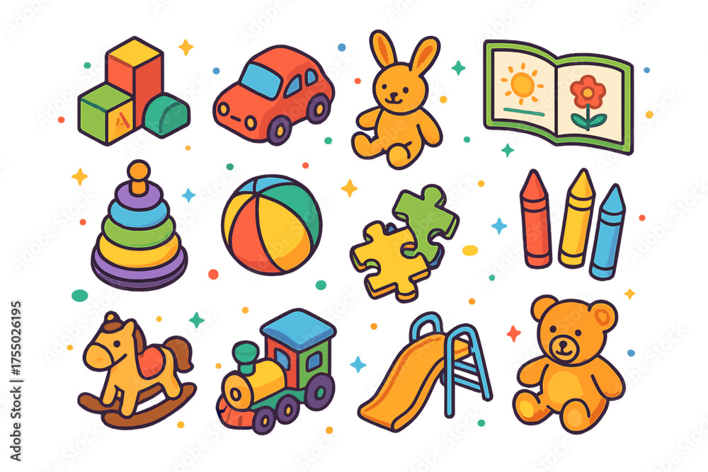 Fototapeta premium Colorful Toddler Play Icons. Toddler Playtime. Colorful isometric vector icons set of toddler playtime and exploration: building blocks, toy car, stuffed