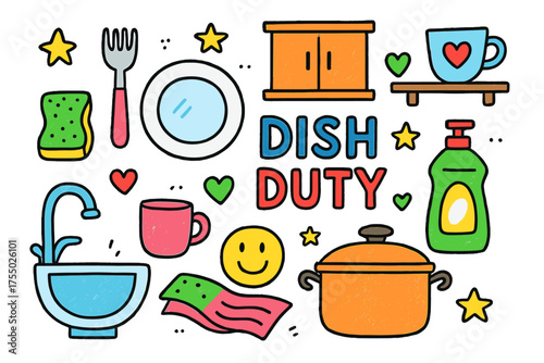 Dishwashing Doodle Delight. Dish Duty. Colorful Hand-drawn doodle Children illustration plate, fork, spoon, sponge, towel, dish soap, sink, pot, cup, cabinet,