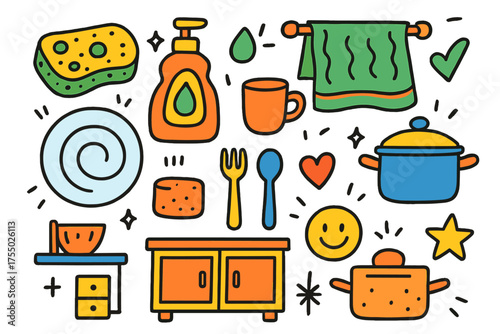 Kitchen Cleaning Doodles. Kitchen Tidy Up. Colorful Hand-drawn doodle Children illustration sponge, dish soap, towel, plate, cup, fork, spoon, pot, shelf,