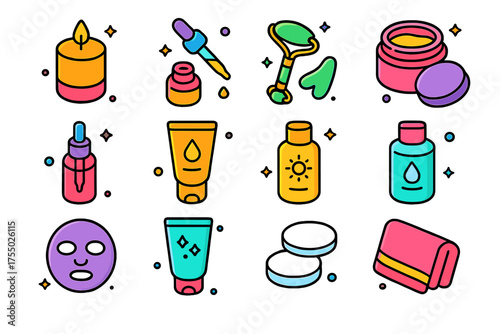 Colorful Spa Icons. Spa Routine. Colorful isometric vector icons set of spa routine: spa candle, essential oil dropper, jade roller, face cream jar, serum
