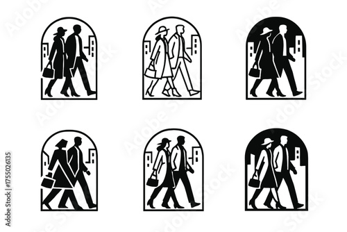 Fashionable Street Logos. People walking on a city street dressed in stylish outfits. Set Logo of People walking on a city street dressed in stylish outfits: