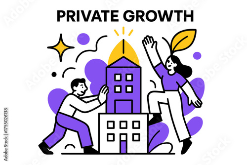 Private Growth Expansion. Private Growth. A glowing small company building growing taller, abstract spark and leaf icons symbolizing expansion after