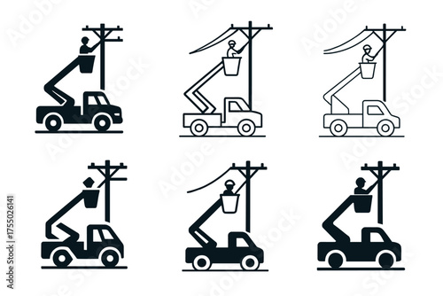 Electrical Line Repair Logos. Electrical line installers repairing power lines. Set Logo of Electrical line installers repairing power lines: bucket truck with